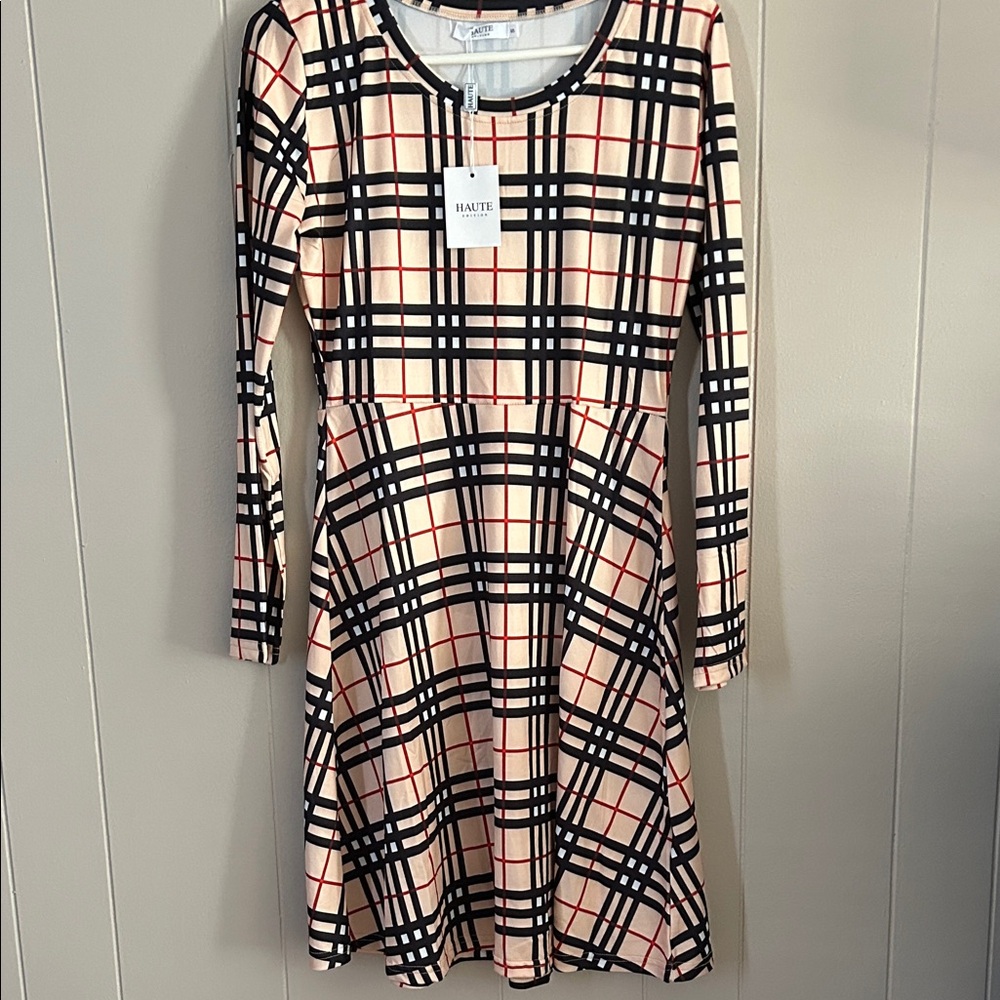 Haute Edition Plaid Long Sleeve Dress - Black and Cream